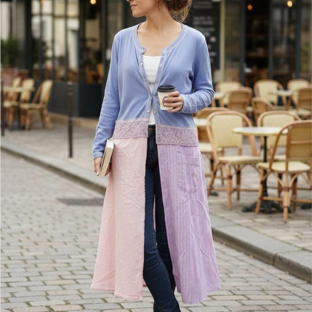 Handmade Soft Pink & Purple Colorblock Long Duster